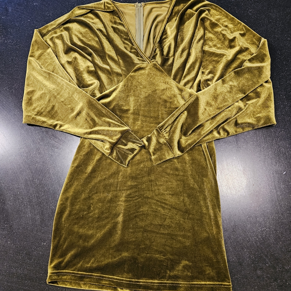 Elegant Long Sleeve Velvet Dress In Green